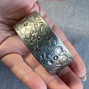 Signed Salisbury Pewter, Cuff Engraved Bracelet, Flower Of The Month "February"